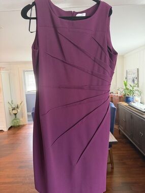 Calvin Klein Plum Sleeveless Sheath Dress with Diagonal Sculpted Pleats